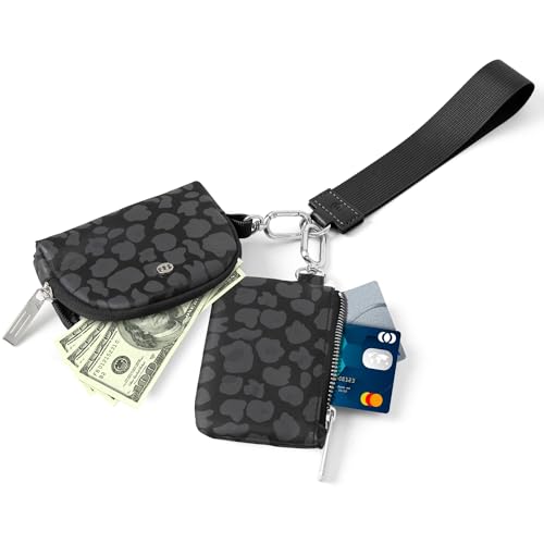 Mum's Memory Mini Zip Around Wristlet Wallets for Women -KeyChain Wallet with Detachable Dual Pouch Wristlet -Key Chain Coin Purse Small Wallets - color: Black Leopard