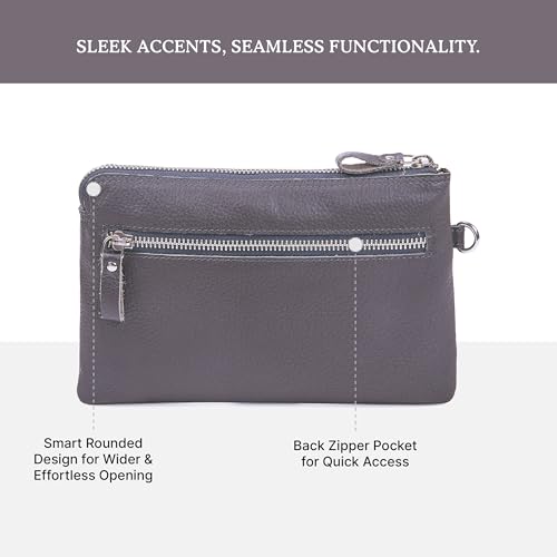 Leather Wristlet Wallet for Women Clutch Handbag Purse with Cell Phone Slot | Genuine Top Grain Leather, 8 Credit Card Slots, Detachable Strap, YKK Zipper, Gifts for Women - color: Dark Grey Nappa