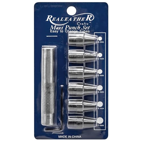 Realeather T3004 Maxi Leather Punch Set for Crafting, 6 Sizes from 3/16" - 5" 15", Black/Silver, 6-Piece Set