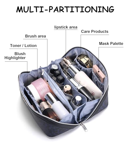 BOYATU Travel Makeup Bags Cosmetic Organizer Bag: 3 Pcs Set Large Capacity Make up Bag with Compartments - Waterproof Leather Toiletry Bags with Handle for Women (B-Blue) - color: B-Blue