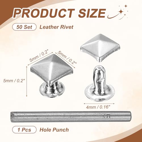 HARFINGTON 50pcs Pyramid Rapid Rivet 5mm Leather Rivets Rapid Punk Spikes Leathercraft Decoration with Hole Punch for Rock Nailheads Clothing Belts Bags Shoes, Silver - color: Silver, size: 5mm