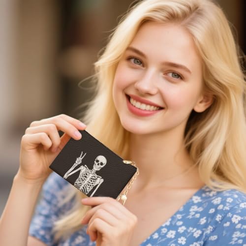 Funny Skull Skeleton Keychain Coin Purse for Women, Change Pouch | Small Zipper Purse, Little Tiny Zip Pocket, PU Leather, Travel Wallet for Girls, Cute Coin Cash Holder, Key Ring, Women Gifts - color: Funny Skull