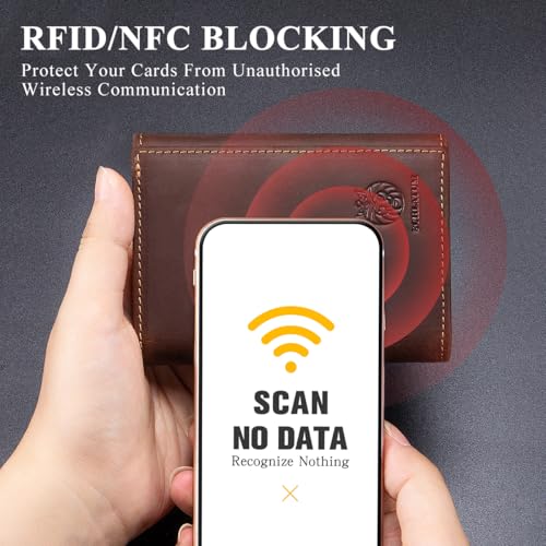 Trifold Wallets for Men RFID Blocking Full Grain Leather Short Mens Wallet with Snap Closure, 8 Card Slots, Clear ID Window, Brown - color: Brown