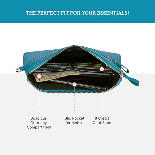 Leather Wristlet Wallet for Women Clutch Handbag Purse with Cell Phone Slot | Genuine Top Grain Leather, 8 Credit Card Slots, Detachable Strap, YKK Zipper, Gifts for Women - color: Air Blue Nappa