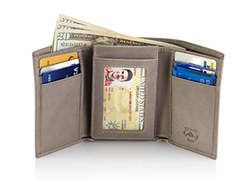 Stealth Mode Trifold Wallet - RFID Blocking Wallet with Flip ID Holder - Leather Case for Money, Credit Cards - Mens Organizer, Divided Billfold, Identity Protection - Men's Gifts (Grey) - color: Grey