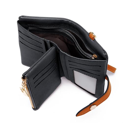 TPKUENL Wallets for Women Small Bifold Rfid Leather Zipper Coin Pocket Wrist Strap(Black) - color: Black