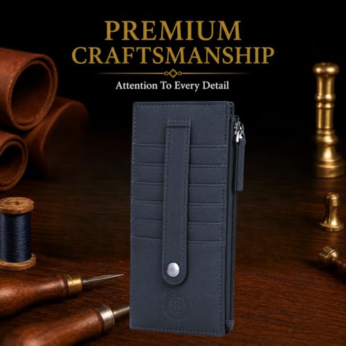 Leatherboss Genuine Leather Women's All in One Credit Business Card Case Holder Slim Zipper Wallet With a Card Protection Strap, Blue - color: Blue