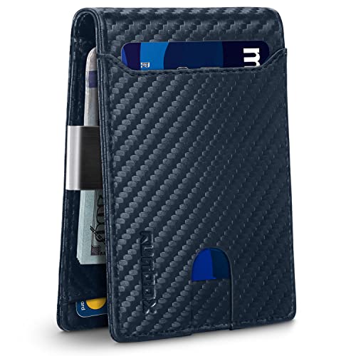 RUNBOX Slim Wallet for Men - RFID Blocking Leather Bifold with Money Clip | Minimalist Front Pocket Wallet Holds 11 Cards,Slim Thin Design,RFID Blocking Protection, Practical Birthday Gifts for Men - color: Carbon Blue
