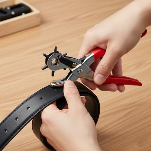 Leather Hole Punch Tool, 6 Sizes Rotary Punch Plier, Heavy Duty Belt Hole Puncher with Adjustable Wheel for Leather Straps Dog Collars Shoes, Red
