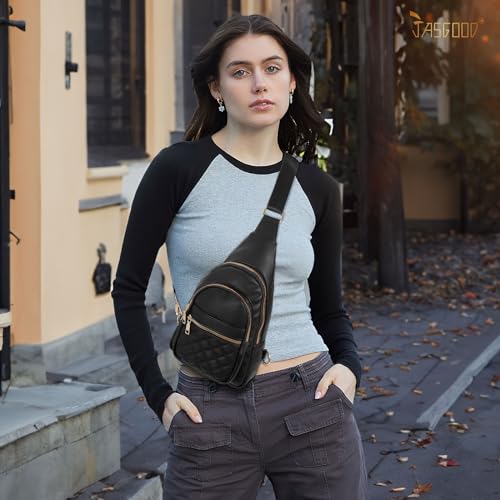 Sling Bag for Women Crossbody Leather Fanny Packs Chest Bag Fashion Sling Backpack Travel JASGOOD - color: Black-gold