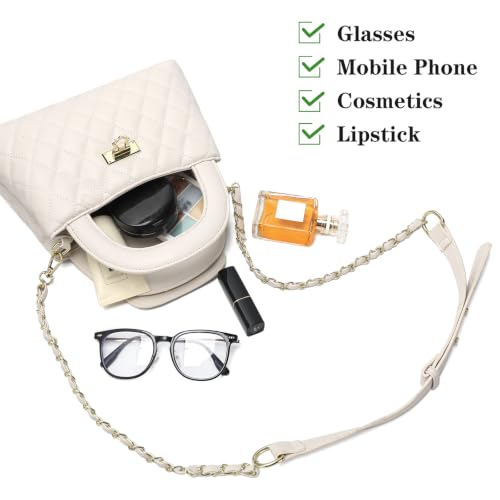 Small Quilted Crossbody Purse for Women, Faux Leather Top Handle Bag with Chain Strap, Elegant Mini Handbag - color: White