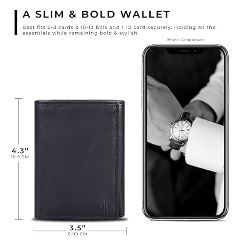 Trifold Leather Wallet for Men - RFID Slim Minimalist Front Pocket 6 Slots - color: Wash Black