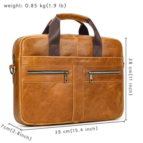 Genuine Leather Briefcase for Men, Laptop Computer Shoulder Bag With Strap, 15.6 Inch Business Travel Work Handbag - color: 3316 Yellow Brown