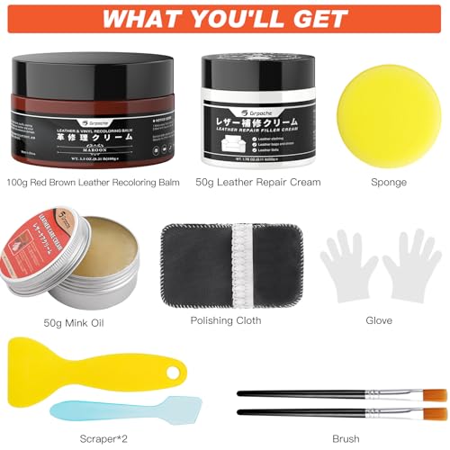 Leather Recoloring Balm Red, Mink Oil Leather Conditioner & Leather Filler Cream, Leather Repair Kit for Furniture,Vinyl Repair Kit Restore Couches, Car Seats, Purse, Scratch, Peeling, Burn Holes - color: Red Brown