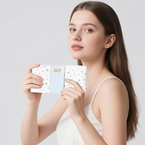 Floral Print Coquette Bow Long Wallet for Women (LONG-BLUE) | Clutch Wallet, Phone Holder, Coin Pocket, 12 Card Slots - color: LONG-BLUE