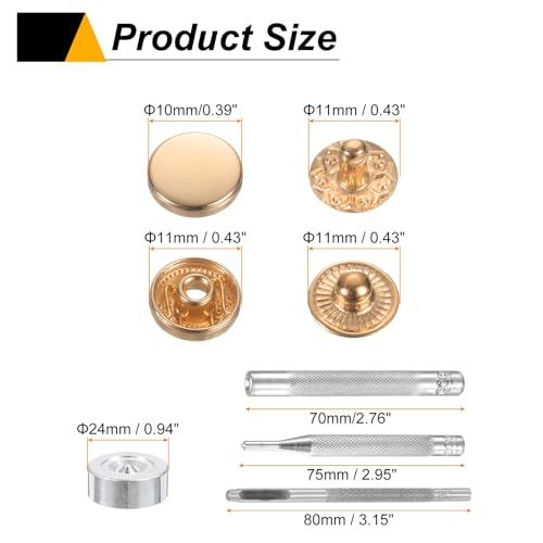 HARFINGTON 24Set Leather Snaps Fasteners Kit 10mm Dia Brass Press-Stud Cap Button 2.76" Length Metal Snap Buttons with 4 Install Tools for Coat Bag Leather Marine Boat Canvas, Gold - color: Gold