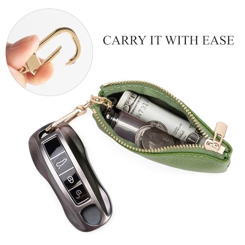 Full Grain Leather Coin Purse with Key Chain - Small Change Purse Keychain Card Holder Keychain Pouch Small Keychain Wallet for Women and Men (Grass Green) - color: Grass Green, Regular Size