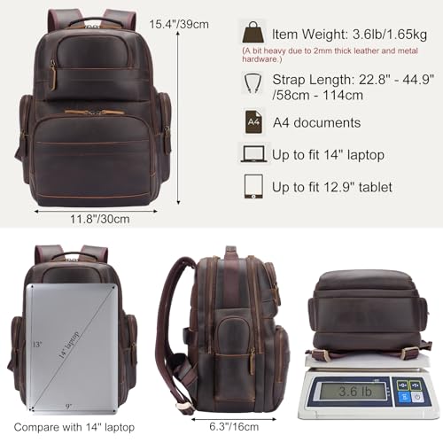 TIDING Men's Leather Backpack 14" & 15.6" Laptop Business Travel Daypack | Thick Sponge Padded Laptop & Tablet Sleeves, Water Bottle Holder, Luggage Strap, Anti-theft Pocket, Large Capacity - color: Dark Brown(fits 14" Laptop)