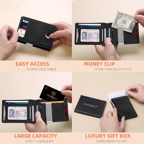 RUNBOX Slim Wallet for Men - RFID Blocking Leather Bifold with Money Clip | Minimalist Front Pocket Wallet Holds 11 Cards,Slim Thin Design,RFID Blocking Protection, Practical Birthday Gifts for Men - color: Shepherd Black