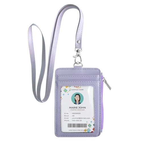 bolimoss 2-in-1 ID Badge Holder & Lanyard Wallet for Women Teacher, Multiple Card Slots PU Leather ID Badge Wallet Case with Detachable Neck Lanyard 1 ID Window, 4 Card Slots, 1 Side Zipper Pocket - color: Light Purple
