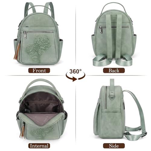 Mini Backpack Purse for Women,Vegan Leather Small Backpack for Daily | Embossed Lightweight Water-Resistance Travel Mini Fashion Daypack Bag,Ladies Casual Backpack Purse Gift Choice for Women - color: Green-flower