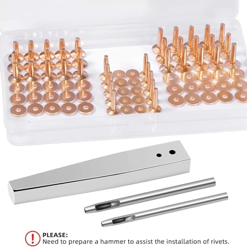 JUNESunShine 84Pc Copper Rivets and Burrs, Leather Fastener w/Setting Tool | 4mm Shank Sturdy Copper Rivets with #9 & #12 Burr Setters, for Belt Wallet Collar Shoe Pouch Tack Leather Working Craft - color: A. Copper
