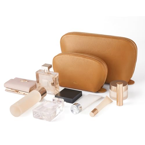 Kattee Leather Makeup Bag Set for Women, 2 Pack, Brown - color: Brown, size: 2-Pack, Medium+Large