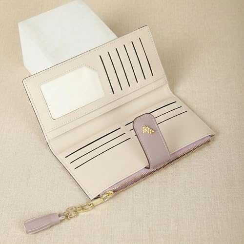 Womens Slim Bifold Wallet RFID Blocking PU Leather Floral(Purple) | Zipper Pocket, Card Holder, Tassel Accent, Long Ladies Style, RFID Blocking - color: Purple