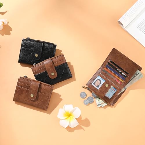 GAEKEAO Small Wallet for Women Leather RFID Blocking Card Holder Bifold Zipper Pocket Wallet with ID Window - color: Black-Brown