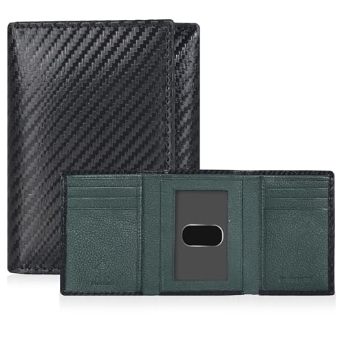 Trifold Leather Wallet for Men - RFID Slim Minimalist Front Pocket 6 Slots - color: Black Carbon/Green