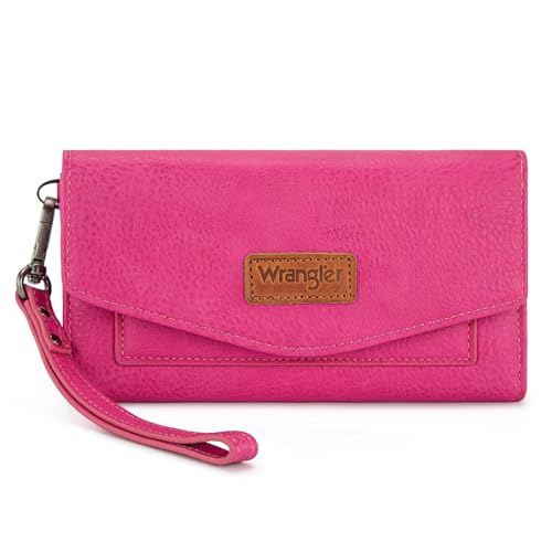 Montana West X Wrangler Womens Wallet Large Capacity Long Compact | Womens Wallet Card Cases & Money Organizers for Ladies Female Zipper Wallet Wristlet with Coin Purse and Wrist Strap - color: Trifold-Hot Pink