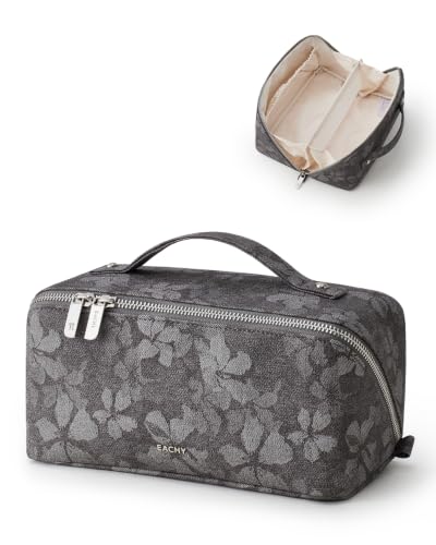 EACHY Makeup Bag, Waterproof PU Leather Travel Toiletry Bag for Women, 180° Wide-Open Flat Cosmetic Bag, Large Capacity Makeup Pouch with Divider and Handle - color: CE-Dark Gray Print, size: Medium