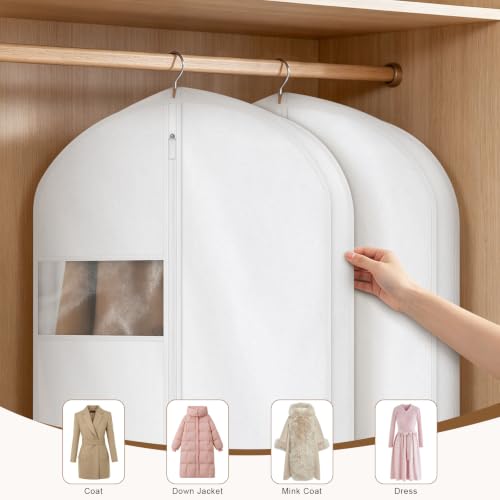 60" Cotton Garment Bag for Hanging Clothes, Dress Bags for Gowns | 2 Pack, Breathable Cotton Fabric, Strong Zipper, Organza Window, Dust Cover, For Closet Storage, Long Dress, Coats, White - size: 3"W x 60"H-2pcs