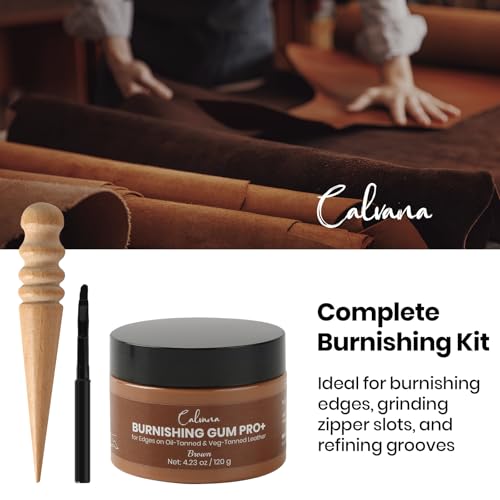 Calvana Brown Burnishing Gum 4.23 oz, Includes Ebony Edge Burnisher and Applicator Brush, for Edges on Oil-Tanned & Veg-Tanned Leather, Burnishing & Polishing, Water-Based - color: Brown