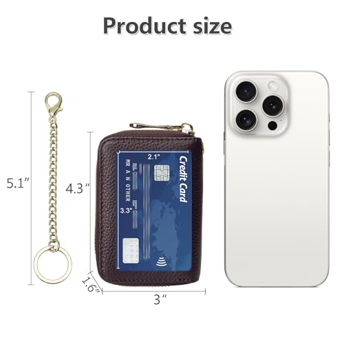 imeetu Rfid Credit Card Holder, Businese Card Case, Wallet for Women Men | Genuine Leather Card Wallet with id Window, Keychain & Double Zipper, Water-resistan Small Wallet with Gift Box, Daily Travel - color: Max - Coffee