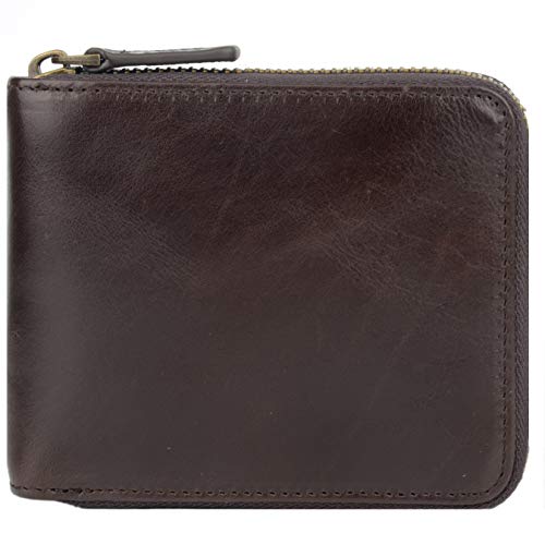 Genuine Leather Zipper Wallet With Coin Pocket, RFID Blocking Zip Around Front Pocket Bifold Wallet, Gift for Men - color: Deep Brown