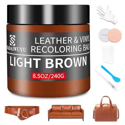Leather Recoloring Balm,8.5oz Leather Color Restorer,Light Brown Leather Repair kit for Furniture and Car Interior,Leather Couch Scratch Repair,Leather Dye Paint for Faded,Cracked and Damaged Leather - color: Light Brown, size: Leather Recoloring Balm