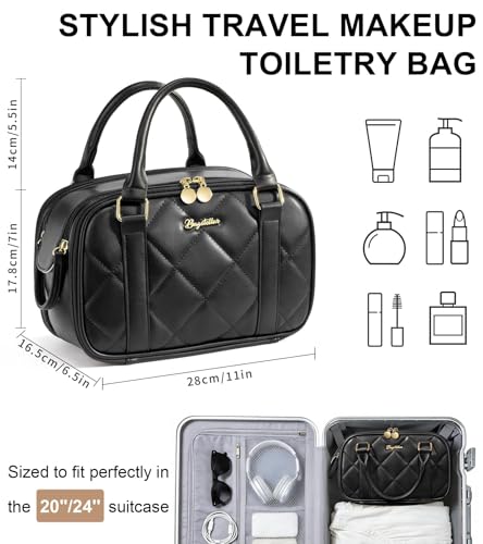 Bagstellar Travel Makeup Bag, Large Capacity Quilted Toiletry Bag for Women Stand-up Cosmetic Bag Open Flat Make Up Case Organizer Portable Pouch Purse w/Handle for Traveling Accessories, Black - color: Black