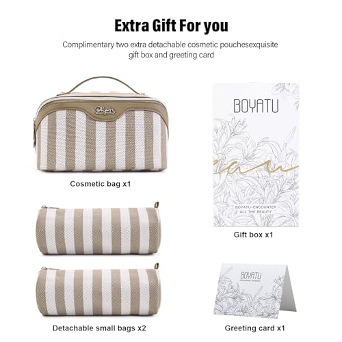 BOYATU Travel Makeup Bag for Women: 3 Pcs Set Striped Make up Bag,Apricot | Vegan Leather Cosmetic Bags with Compartments - Waterproof Large Capacity Toiletry Bags - 180° Open-Flat Makeup Organizer - color: A-6-Apricot
