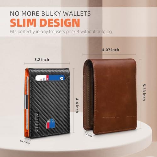 RUNBOX Slim Wallet for Men - RFID Blocking Leather Bifold with Money Clip | Minimalist Front Pocket Wallet Holds 11 Cards,Slim Thin Design,RFID Blocking Protection, Practical Birthday Gifts for Men - color: Carbon Black&Orange