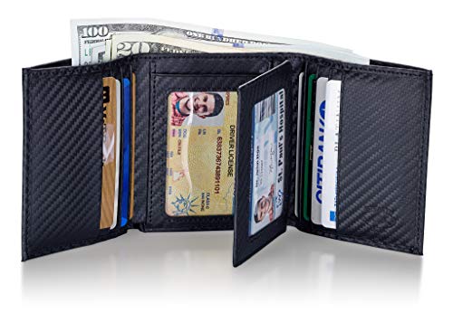 Stealth Mode Trifold Wallet for Men RFID Blocking – Genuine Napa Leather Extra Capacity Mens Wallet, 11 Card Slots, 3 ID Windows, Flip Out ID Holder, Large Tri Fold Leather Wallet for Men - Gift Ready - color: Carbon Fiber