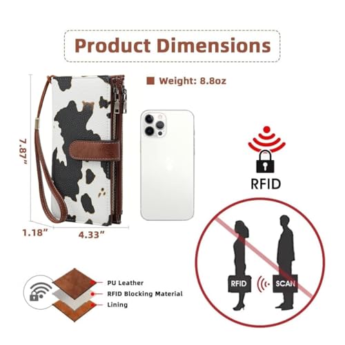 Women Leather Wallet Crossbody Shoulder Bag with Double Zipper and Mobile Phone Purse with Shoulder Strap - color: 355-cow Pattern