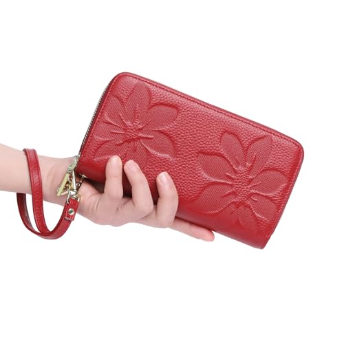 GOIACII Women's Wallet RFID Blocking Leather Wristlet | 2 Zip Around, Large Capacity, Credit Card Holder, Ladies Phone Clutch Purse - color: A05 Red