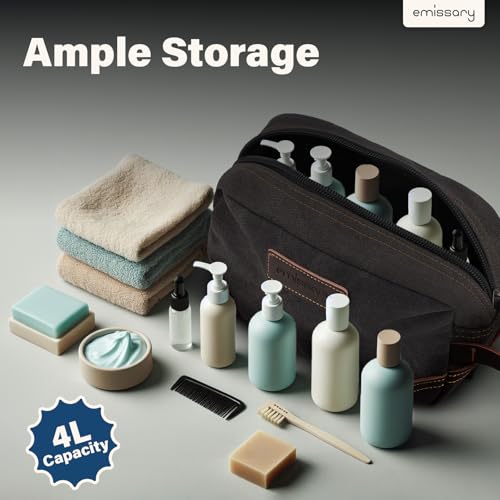 emissary Men's Toiletry Bag, Leather and Canvas Travel Toiletry Bag, Dopp Kit for Men, Travel Bathroom Bag Men's Shaving Kit, Travel Kit Small Bags for Men, Shaving Bag for Travel Accessories (Black) | Durable canvas & PU leather, water-resistant lining,