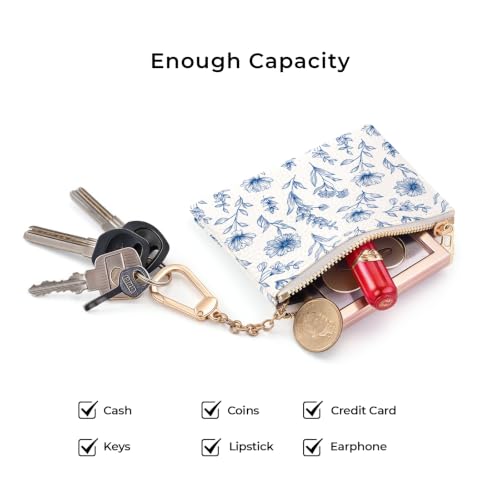 Blue Flower Keychain Coin Purse for Women, Small Change Pouch | Zipper Key Chain Purse, Little Tiny Zip Pocket, PU Leather, Travel Wallet for Girls, Cute Coin Holder, Key Ring, Women Gifts - color: Abstract Blue Flower