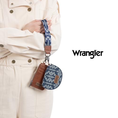 Wrangler Aztec Keychain Wristlet Wallets for Women Western Dual Pouch Wristlet Credit Card Holder Wallet with Zipper Pocket WG2212-W0051JN - color: Retro Jean