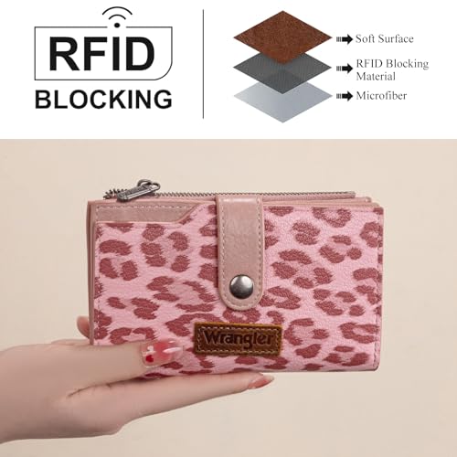 Wrangler Wallet for Women Bifold Card Holder with Zipper and ID Window - color: Leopard Print-Pink