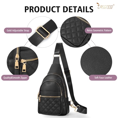 Sling Bag for Women Crossbody Leather Fanny Packs Chest Bag Fashion Sling Backpack Travel JASGOOD - color: Black-gold