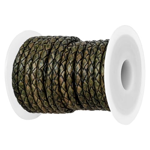 GENIQUE Real/Genuine Round Braided Leather Cord String Rope Folded, Leather Rope for Crafts, Jewelry Making, Necklace, Bracelets (Green Distressed, 3mm) - color: Green Distressed, size: 3mm