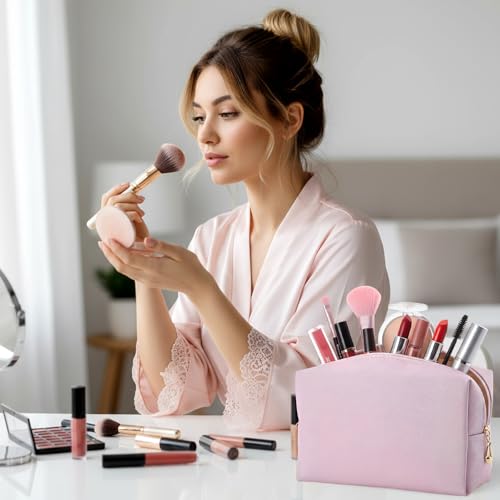 Kigeli Leather Makeup Bag PU Leather Cosmetic Pouch Wide-open Waterproof Toiletry Organizer with Dividers Travel Bag Birthday Valentine's Day Gifts for Women Friend Sister Daughter BFF(Pink) - color: Pink